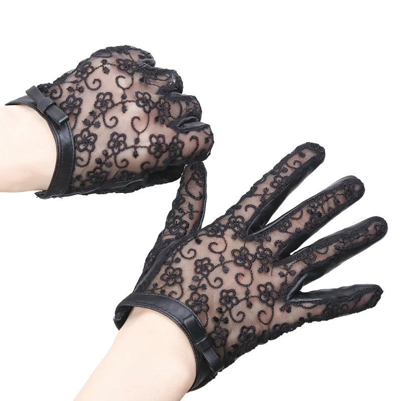 Elegant black lace gloves with leather accents and floral patterns, perfect for classy vintage outfits.