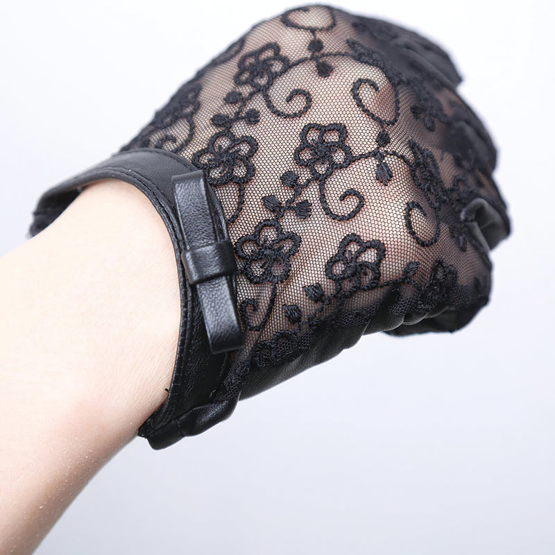 Elegant women's genuine leather gloves with black lace and bow, perfect for vintage-inspired fashion.