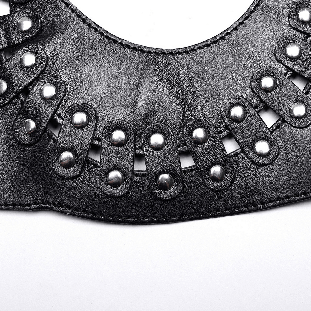 Close-up of a sexy faux leather gothic bustier top with silver studs and strap details.