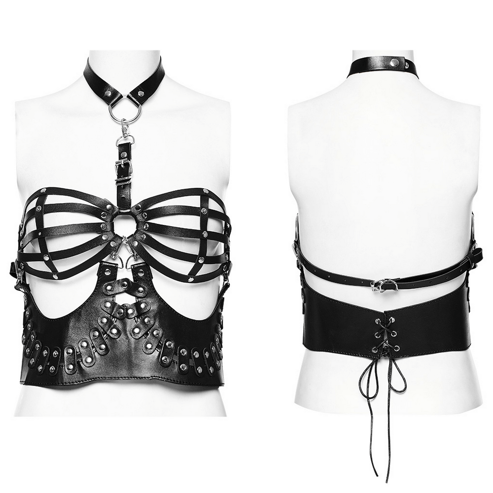 Sexy faux leather gothic strapped bustier top with adjustable halter neck and buckle details.
