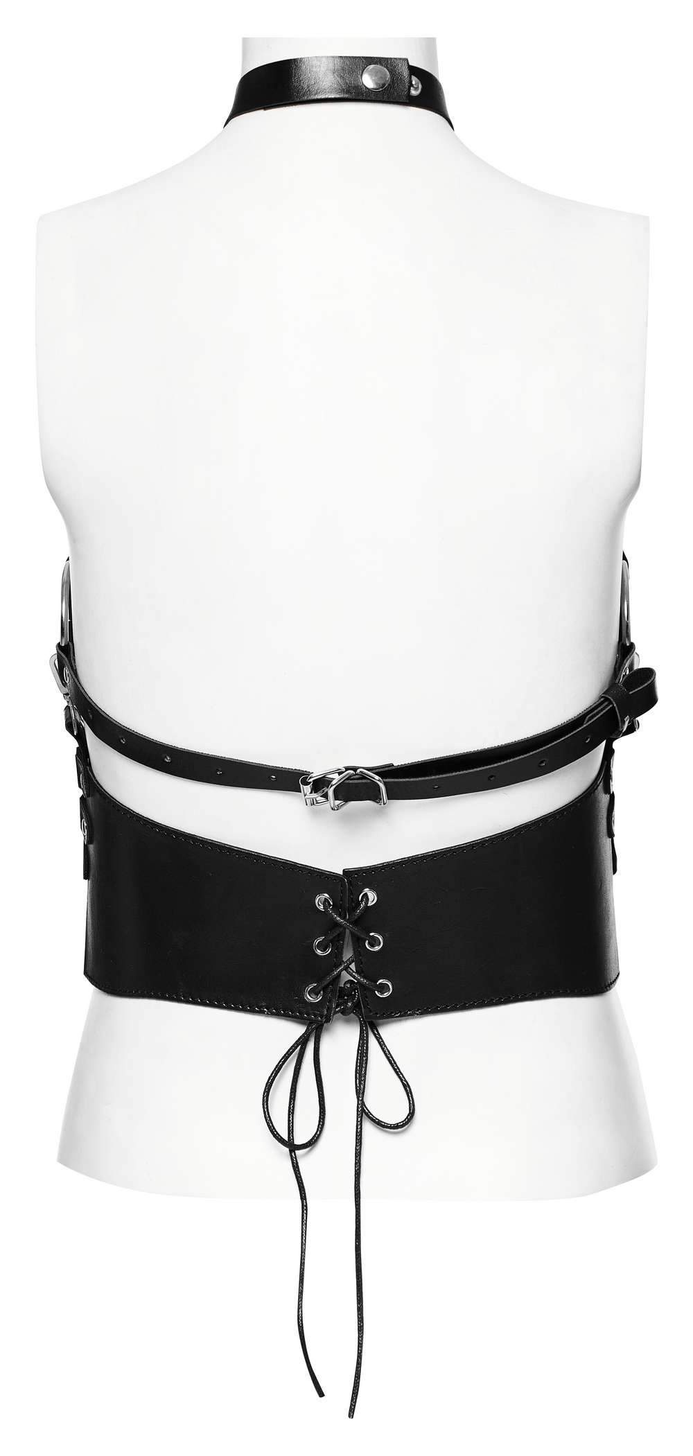 Back view of a sexy faux leather gothic strapped bustier top with adjustable laces and harness design.