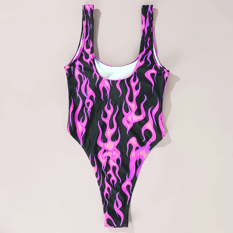 Sexy women's one-piece swimsuit with vibrant fire print in pink and black for a stylish summer look.