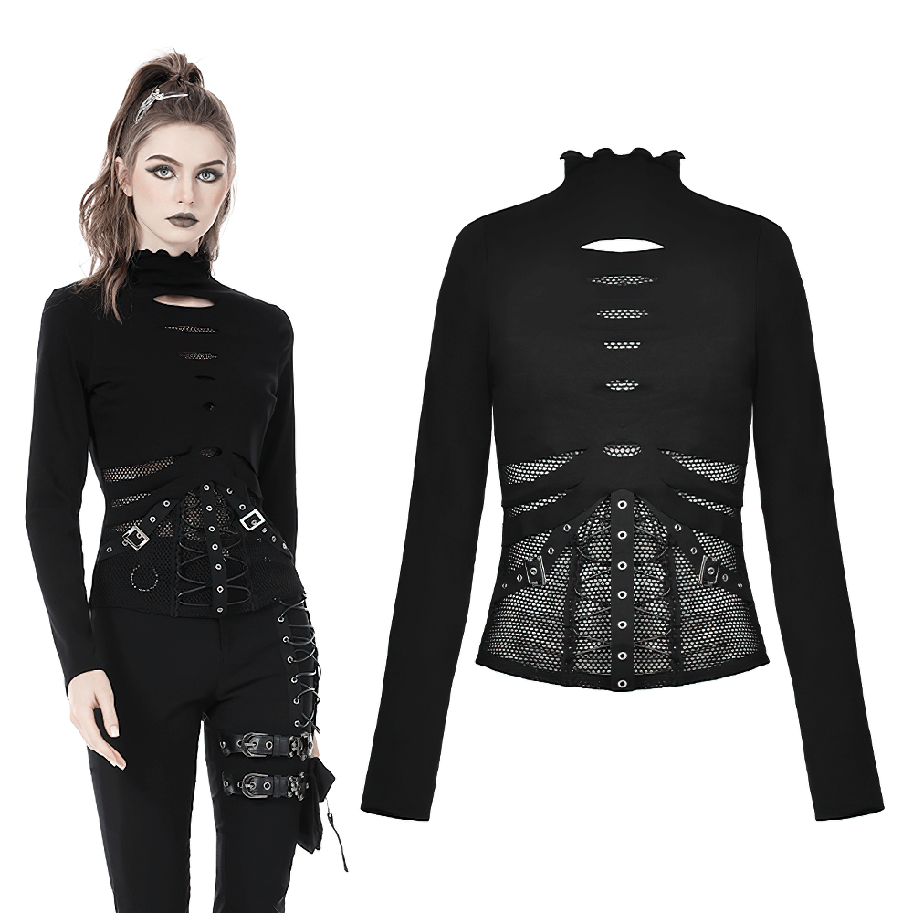 Sexy black fishnet sweatshirt featuring edgy hardware details and a punk rock aesthetic. Perfect for a bold wardrobe.