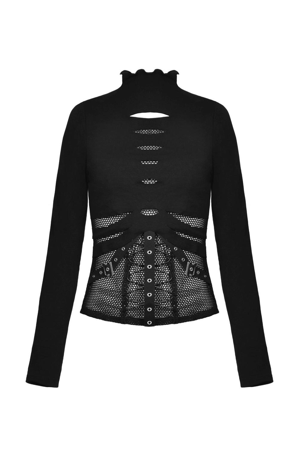 Stylish black fishnet sweatshirt with edgy hardware and punk rock flair, featuring a turtleneck and long sleeves.