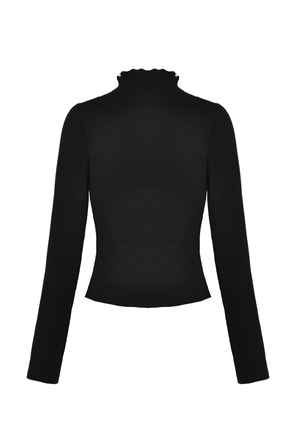 Back view of a sexy black fishnet sweatshirt with a turtleneck and long sleeves for a punk style look.