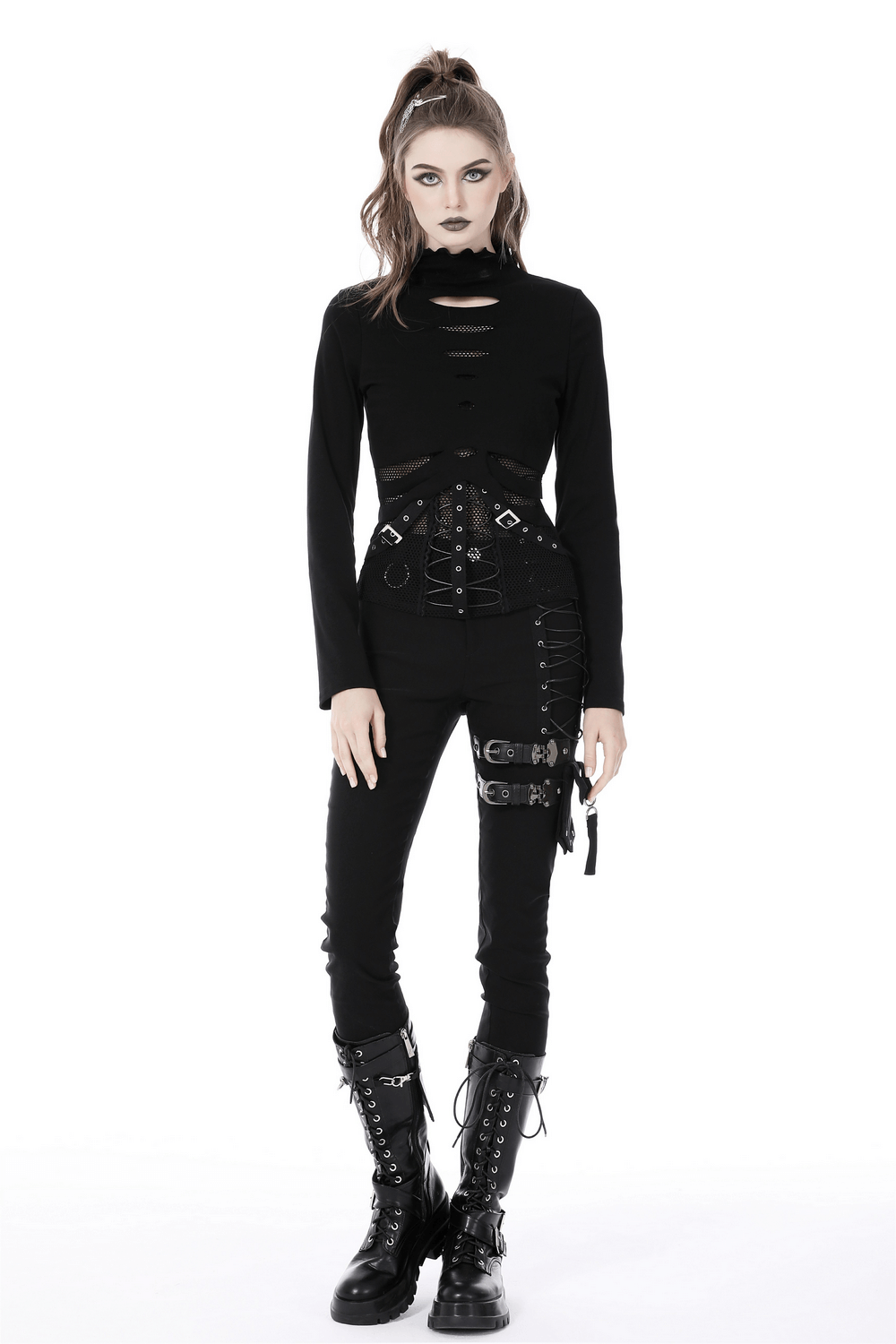 Edgy black mesh sweatshirt with punk hardware details, paired with stylish black pants and combat boots.