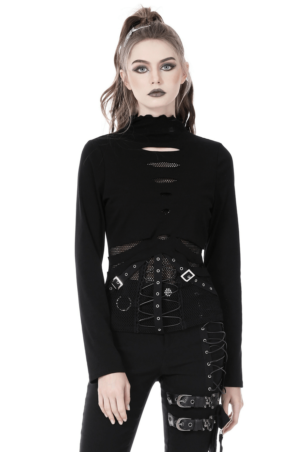 Edgy black fishnet sweatshirt with punk rock details and long sleeves, perfect for bold fashion statements.
