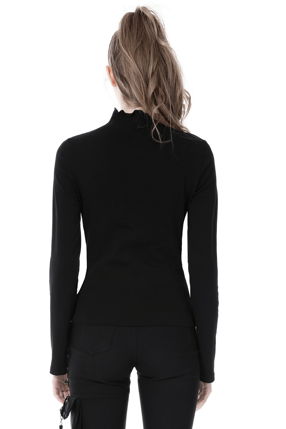 Back view of a sleek black mesh sweatshirt with a turtleneck, perfect for punk style outfits.
