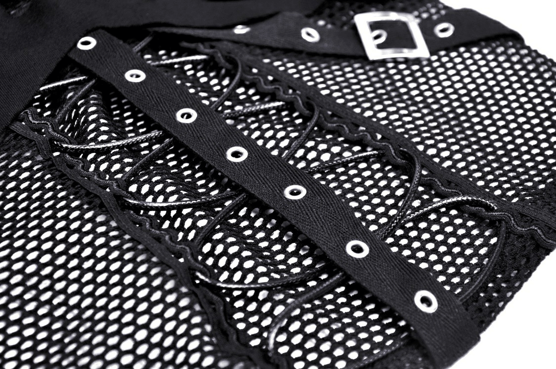 Close-up of a sexy black fishnet sweatshirt showing edgy hardware details and punk-style mesh stitching.