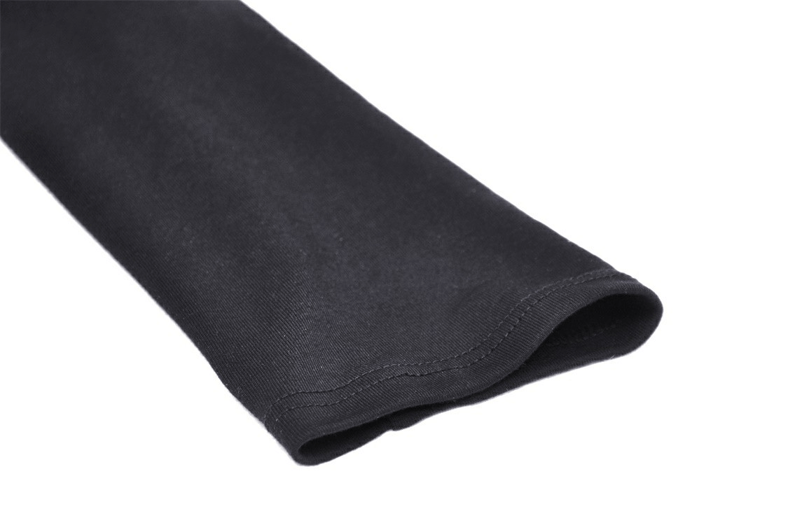 Close-up of the sleeve of a sexy black fishnet sweatshirt, showcasing the soft fabric and sleek design.