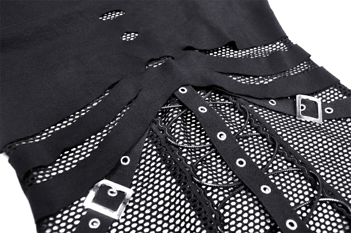 Close-up of sexy black mesh sweatshirt with edgy hardware accents and punk style details.