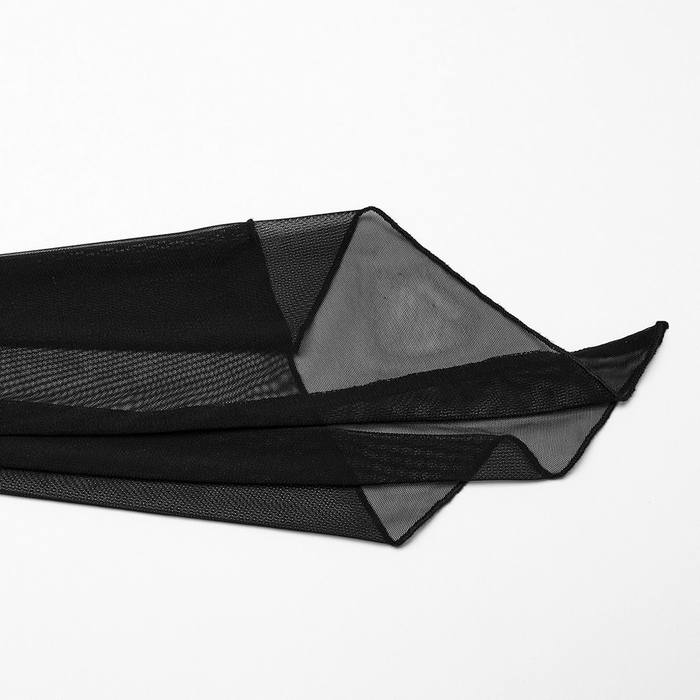 Close-up of elegant black mesh fabric showcasing its sheer texture and delicate design for goth-style clothing.