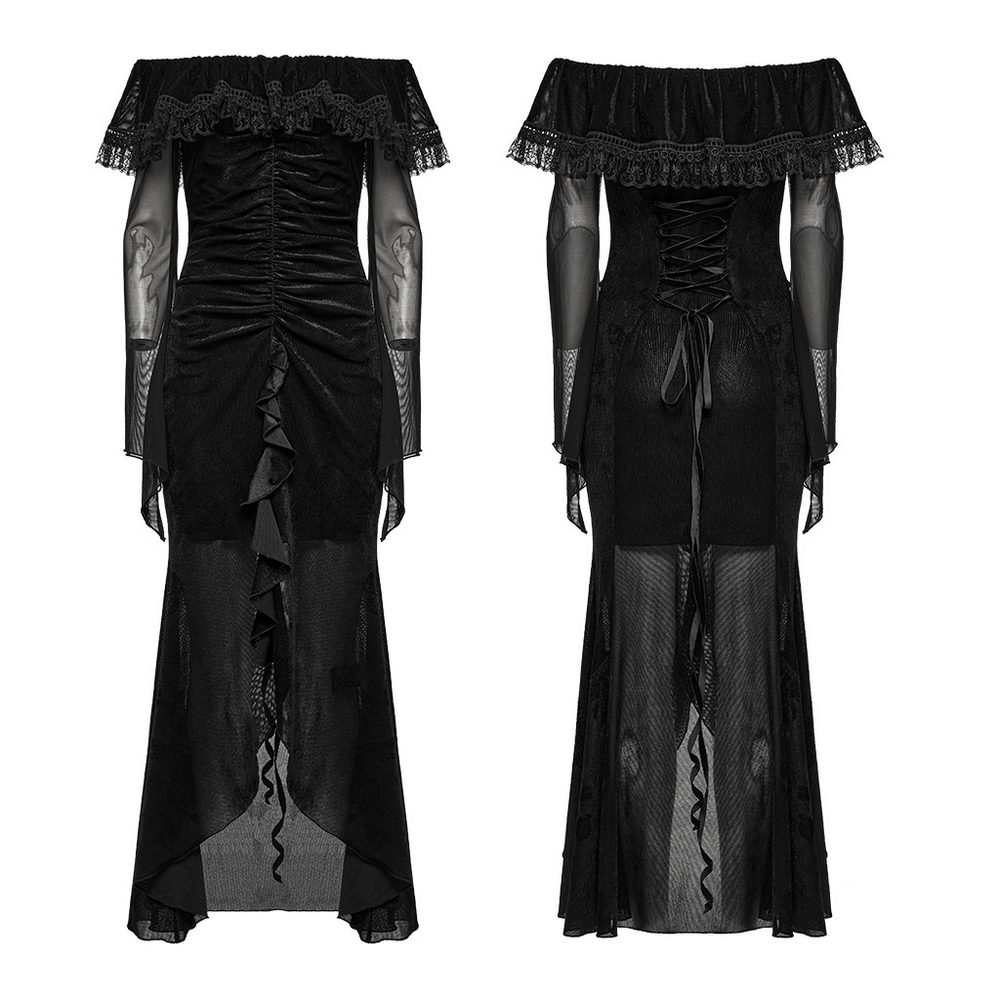 Sexy goth mesh dress with ruffles, fishtail hem, and sheer velvet details, showcasing dark elegance.
