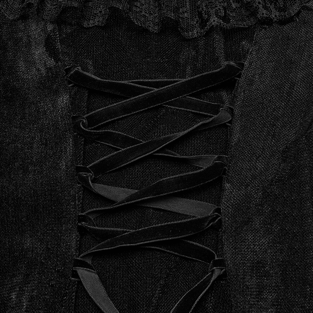 Close-up of the sexy goth mesh dress showing ruffled neckline and crisscross lace detail.