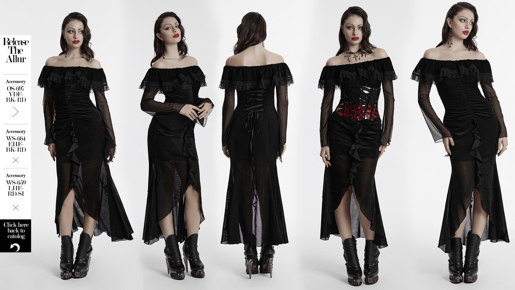 Sexy goth mesh dress with ruffles and fishtail hem; elegant and alluring black design.