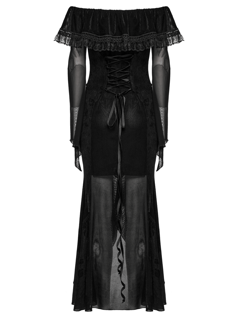 Elegant black goth mesh dress with ruffled off-shoulder neckline and alluring fishtail hem design.