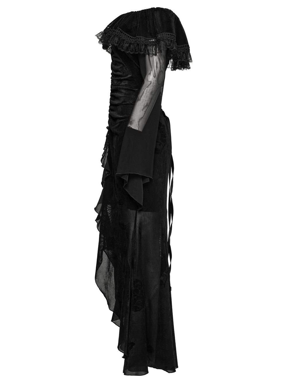 Sexy goth mesh dress in black with ruffles and fishtail hem, showcasing elegance and allure.