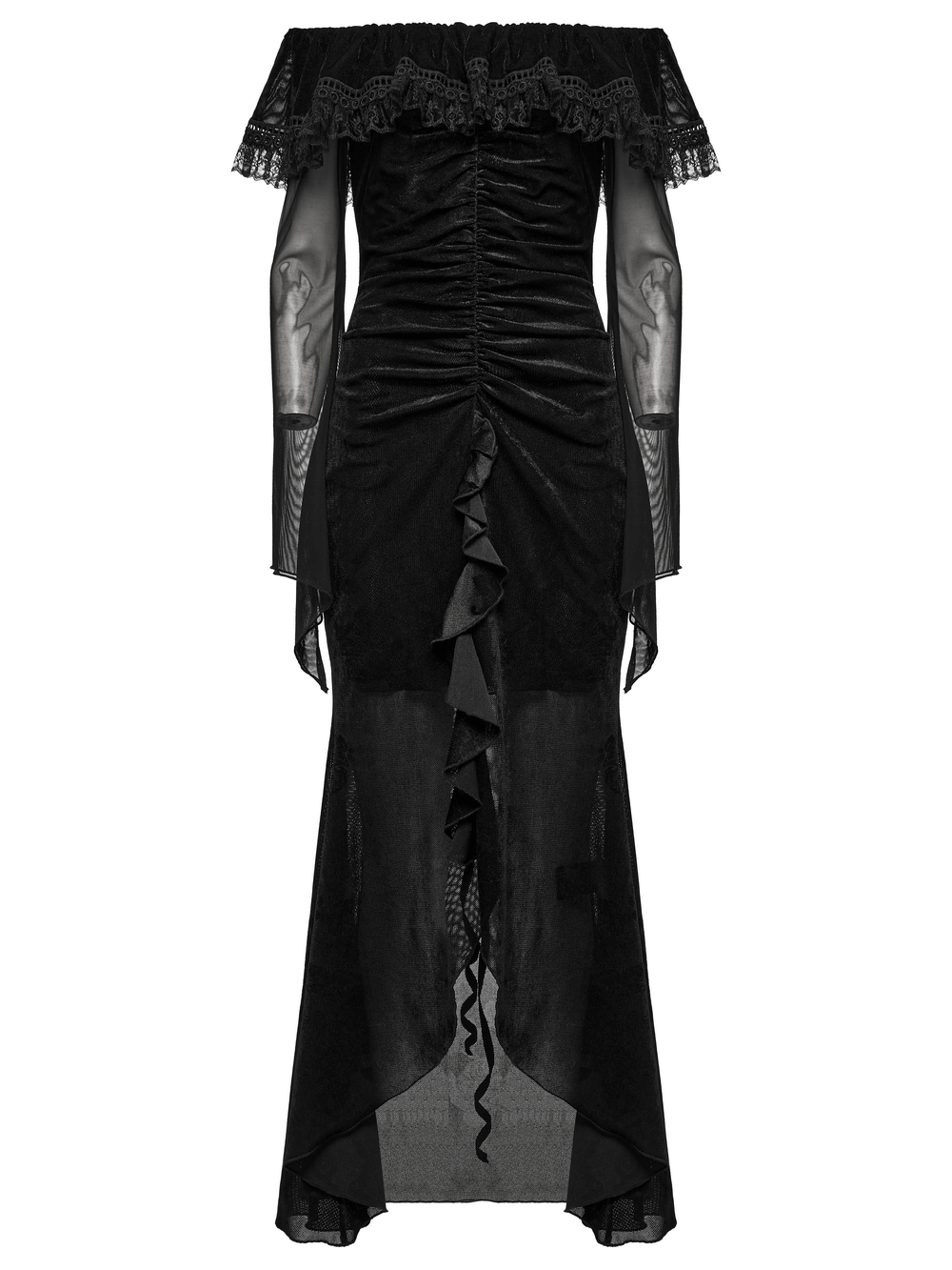 Elegant sexy goth mesh dress featuring ruffles, a fishtail hem, and sheer velvet detailing for a mysterious allure.