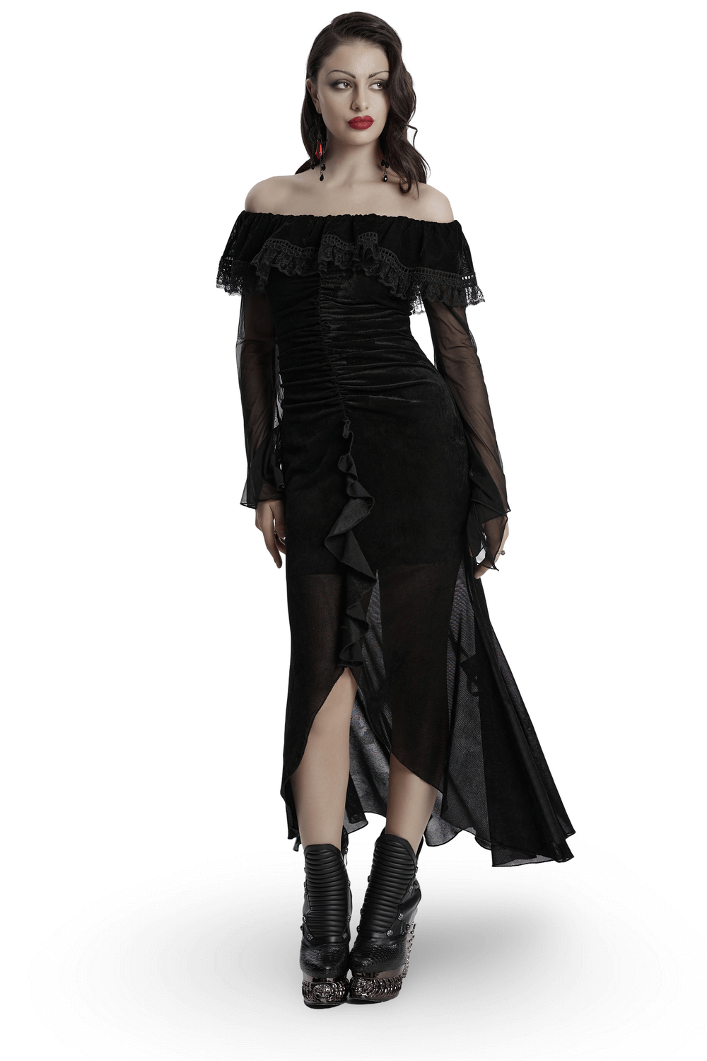 Sexy goth mesh dress featuring ruffles, sheer sleeves, and fishtail hem for a dramatic, romantic look.