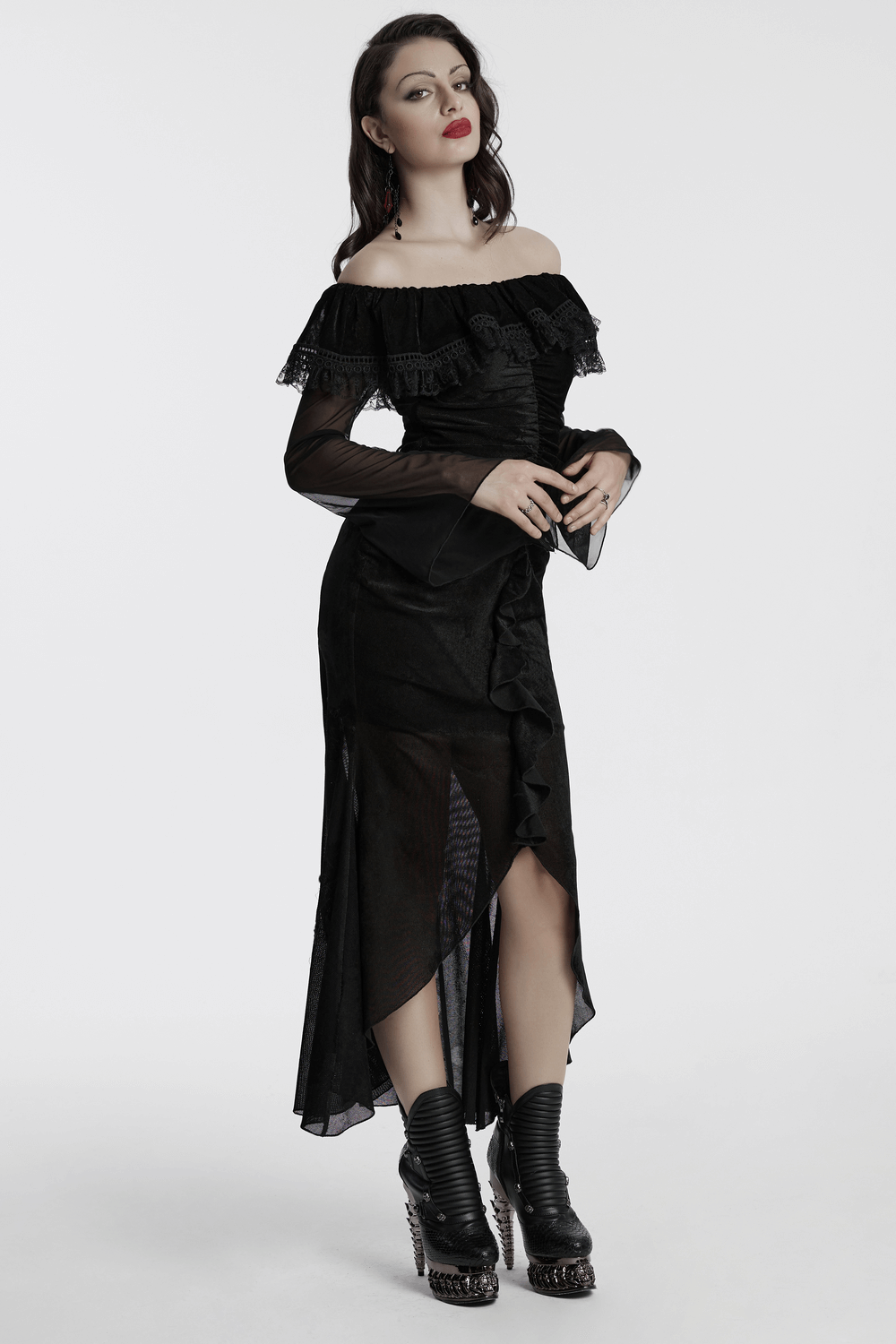 Elegant sexy goth mesh dress with ruffles and fishtail hem, perfect for a dark romantic look.