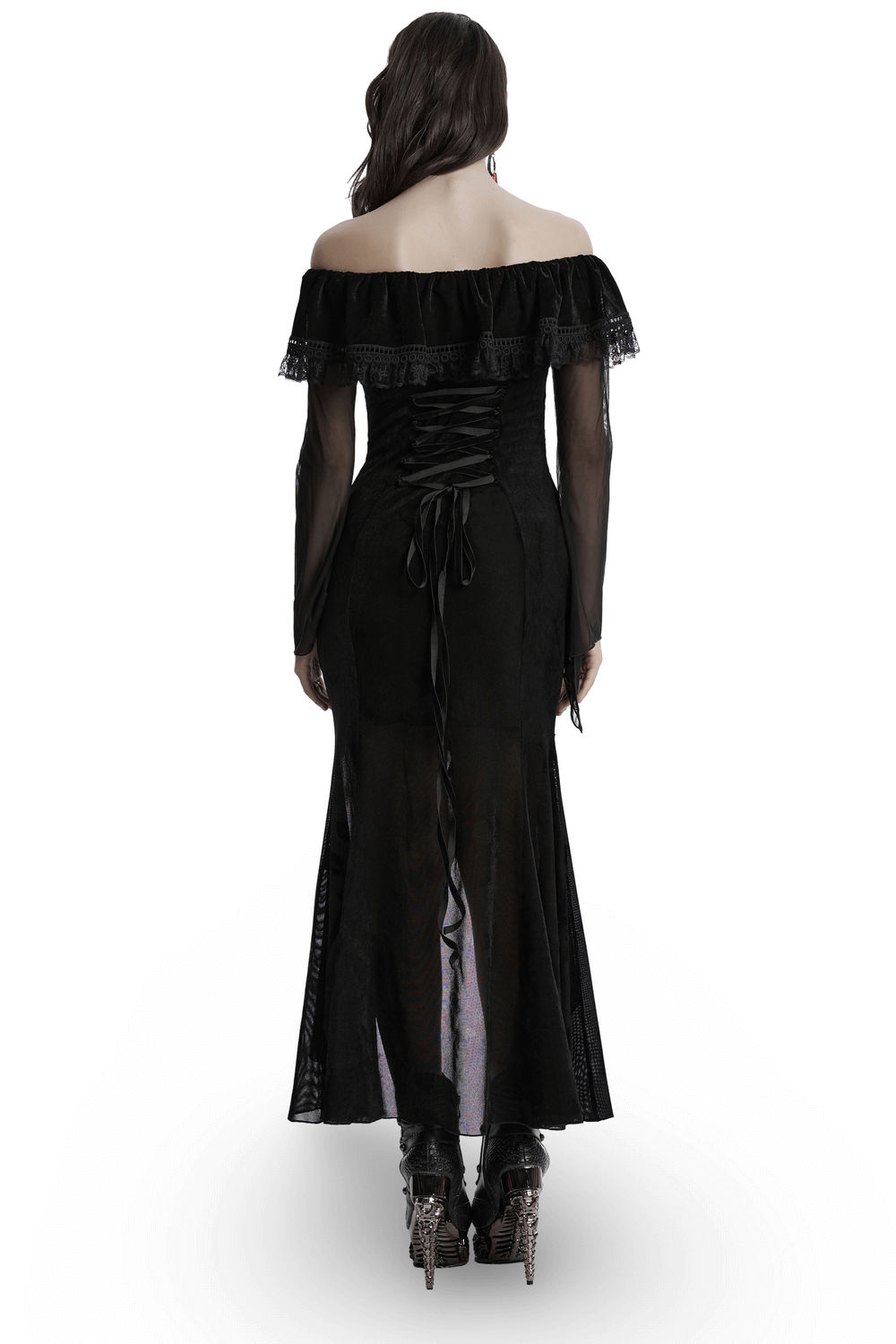 Back view of a sexy goth mesh dress featuring ruffles and a fishtail hem, highlighting elegance and allure.