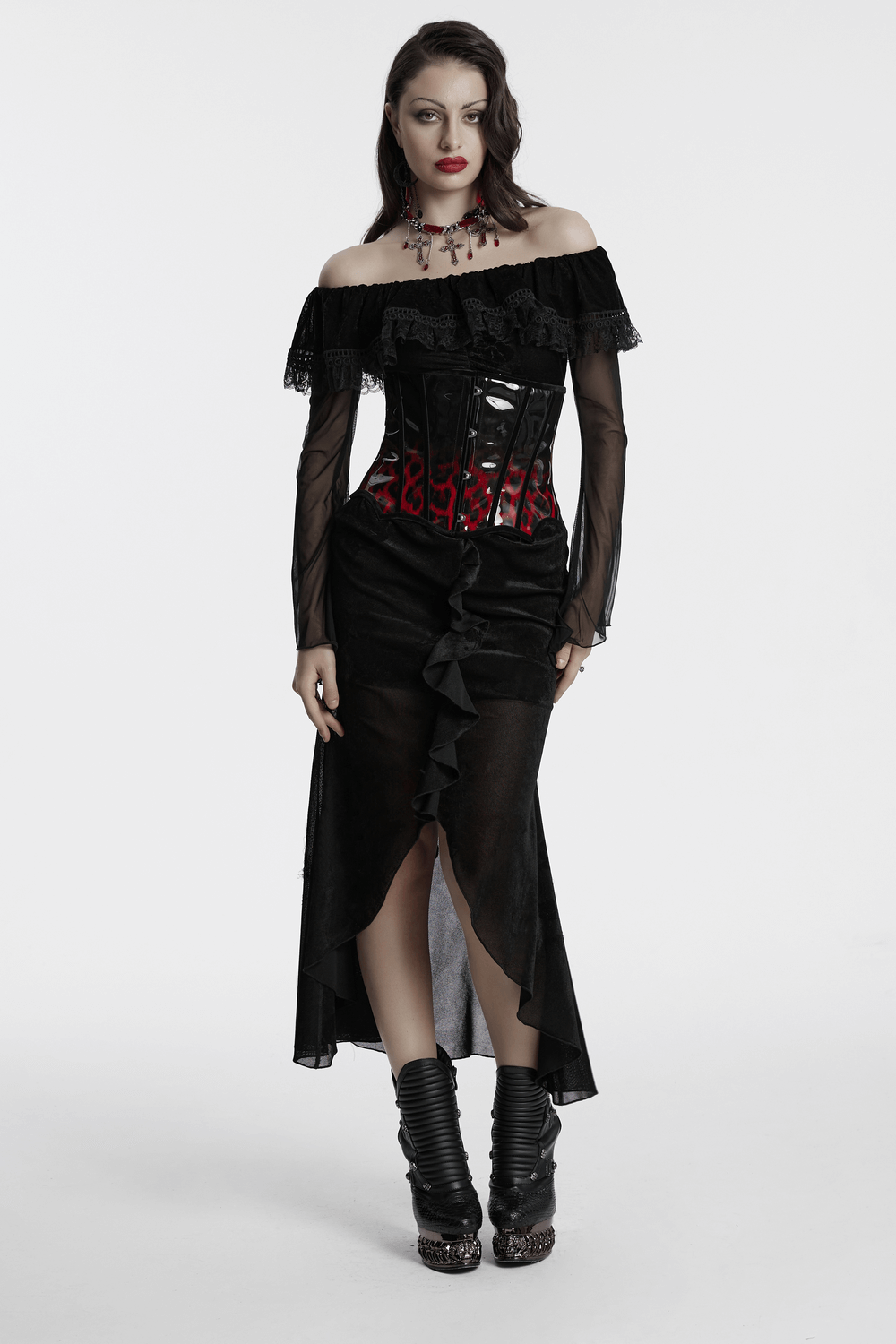 Sexy goth mesh dress with ruffles, fishtail hem, and bold corset detail, perfect for a dark, romantic look.