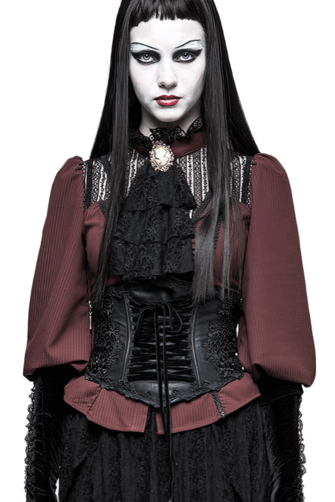 Gothic model wearing a black floral embroidered corset over a burgundy Victorian top, embodying dark romance style.