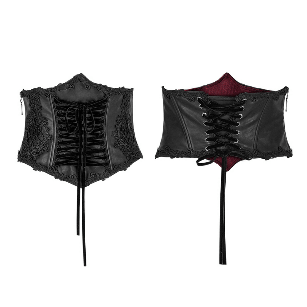 Sexy black floral embroidered underbust corset cincher with adjustable drawstring and eyelet closure.