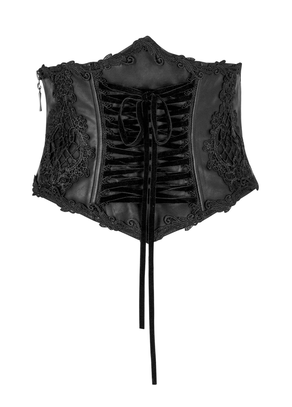 Sexy black floral embroidered underbust corset cincher with adjustable drawstring and eyelet closure.