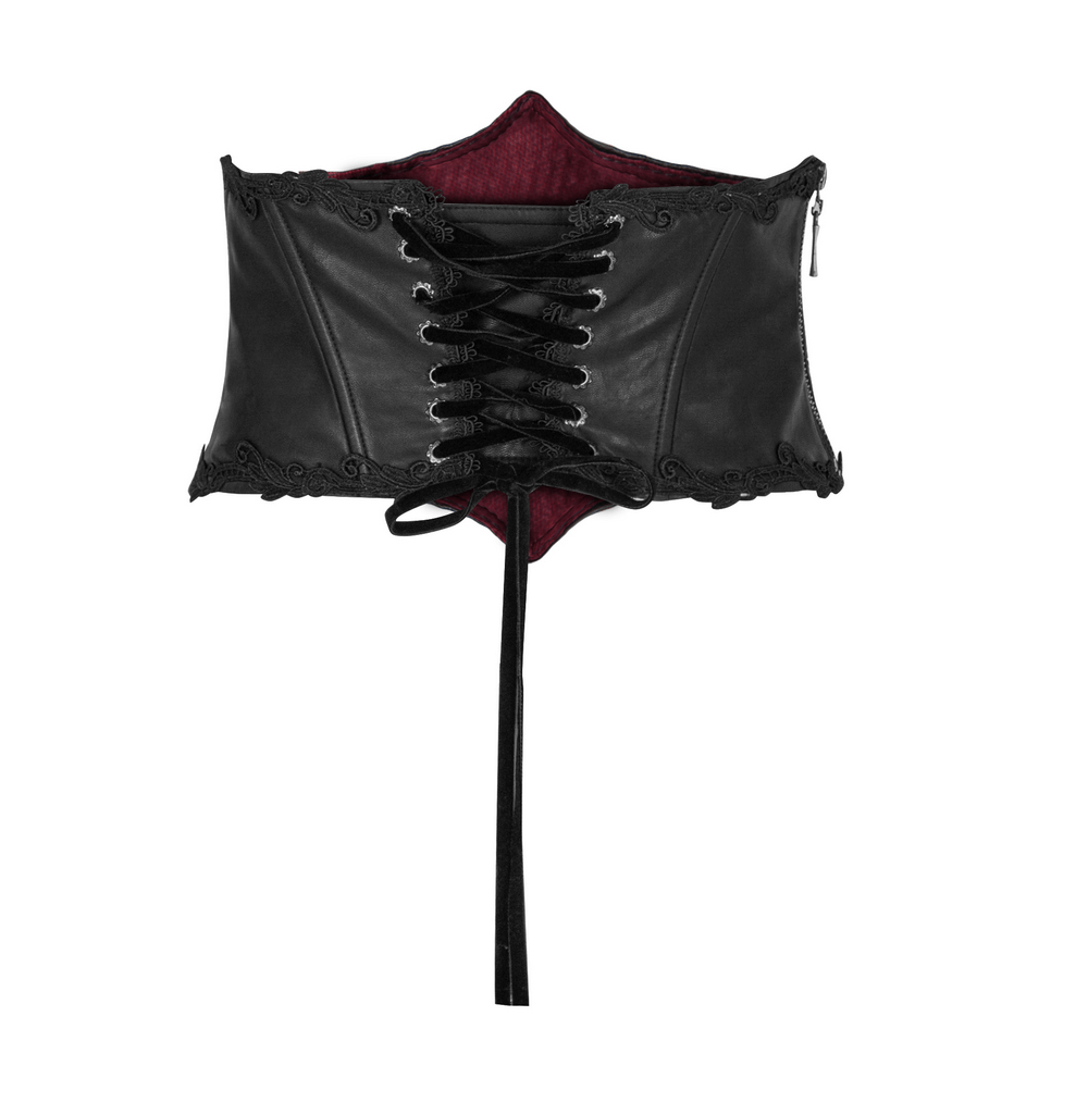 Sexy black floral embroidered corset cincher featuring adjustable lace-up front and back closure.