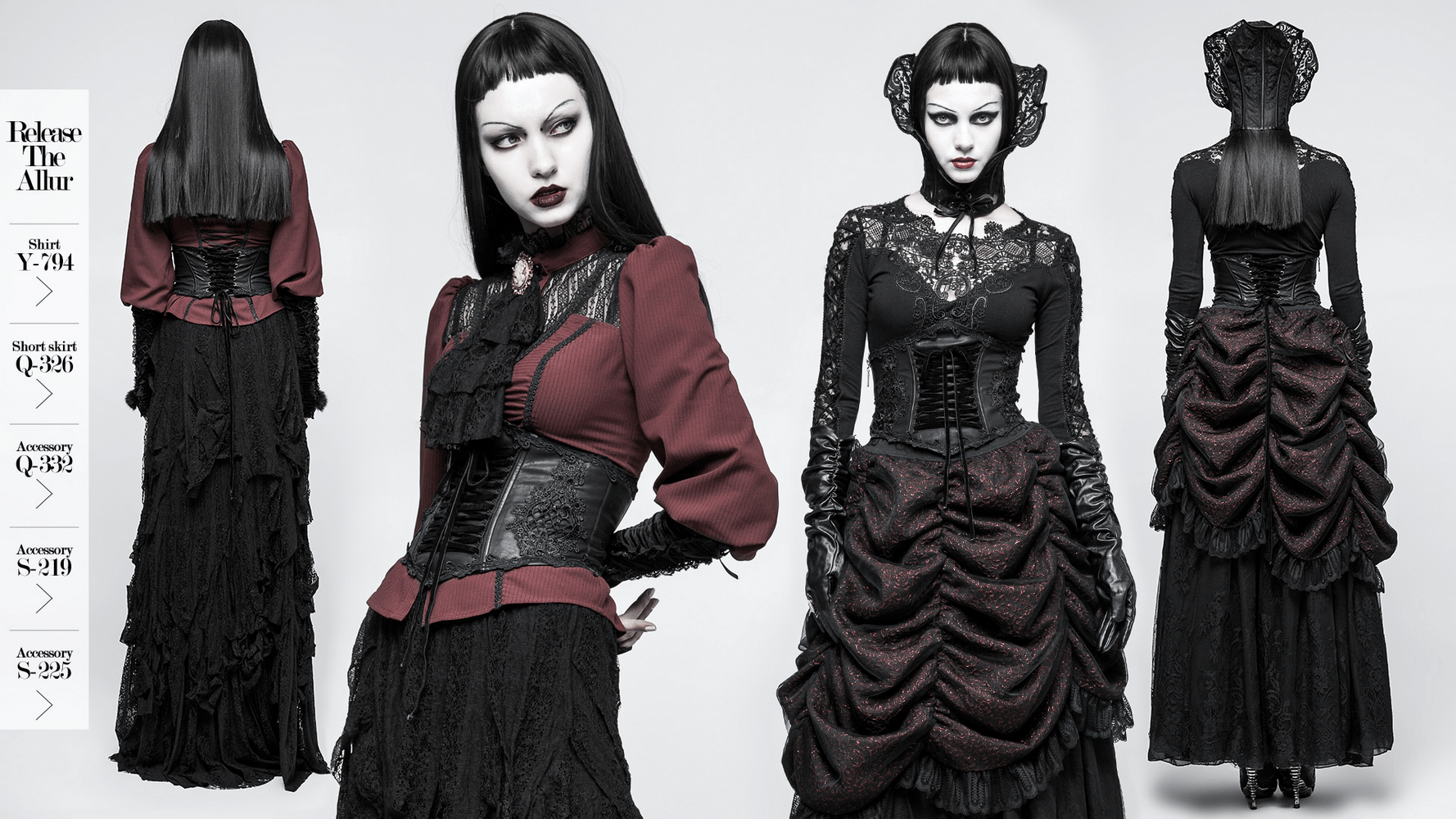 Victorian-inspired model in dark floral corset and flowing gown, showcasing gothic romance and elegant punk style.