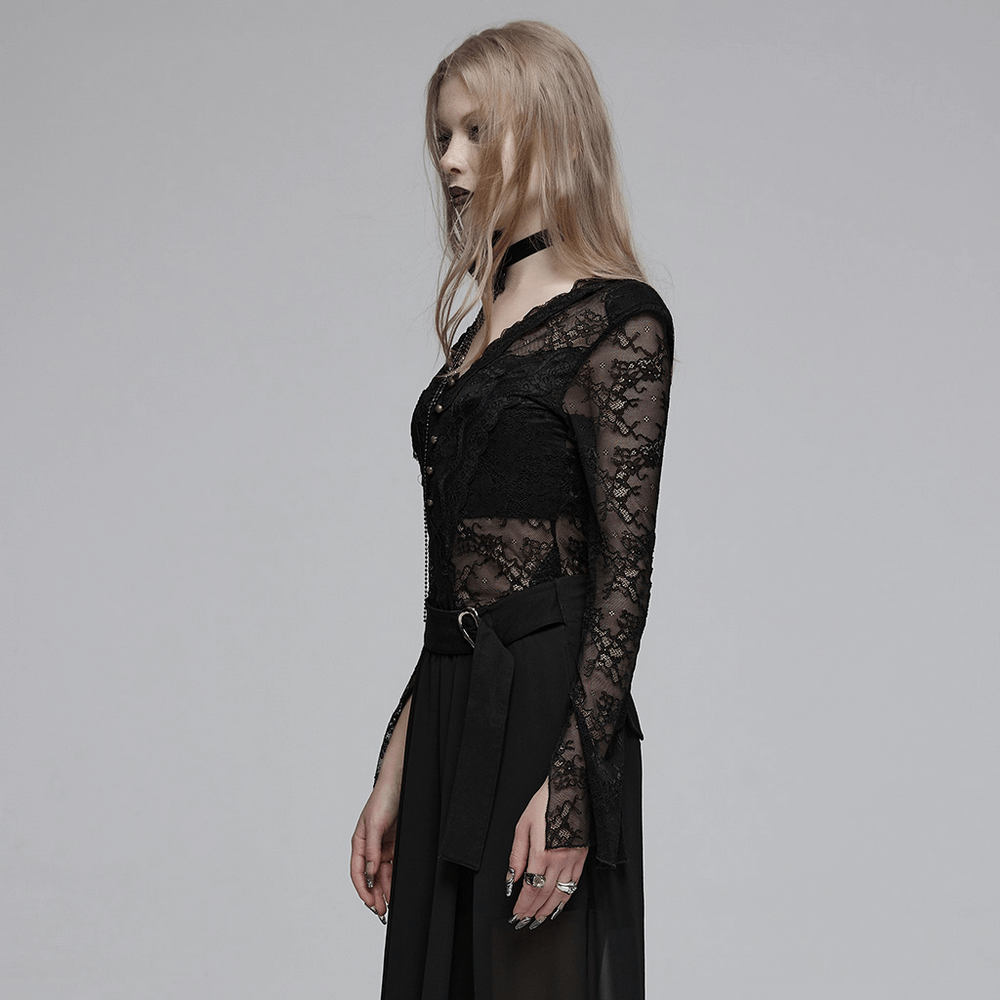 Sexy Gothic Black Lace V-Neck Long Sleeve Top