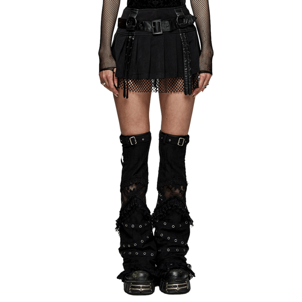 Edgy gothic black pleated mesh mini skirt with belt, paired with unique punk rave leg warmers for a bold style.