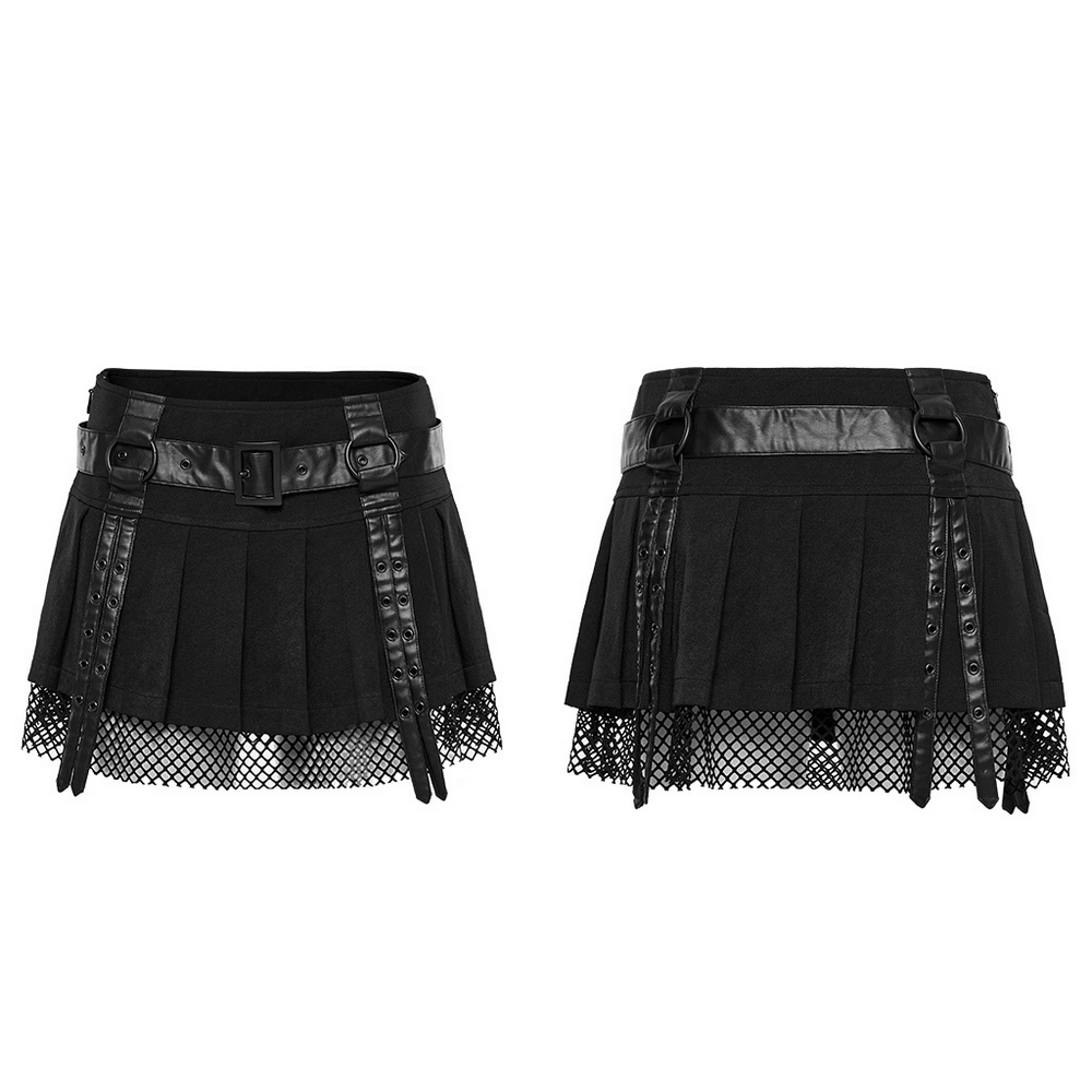 Sexy gothic black pleated mini skirt with faux leather belt and mesh trim for a punk rave look.