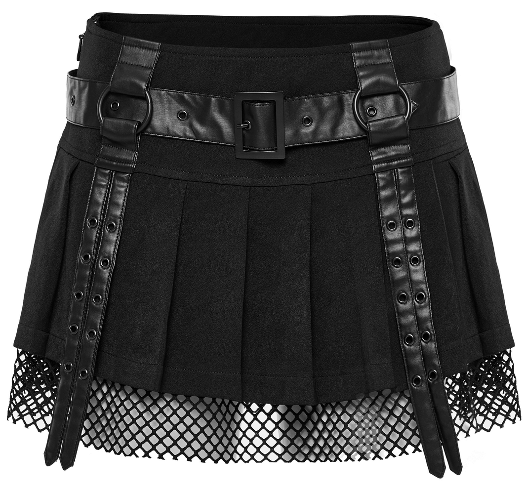 Sexy gothic black pleated mini skirt with faux leather belt and mesh detail for a punk rave look.