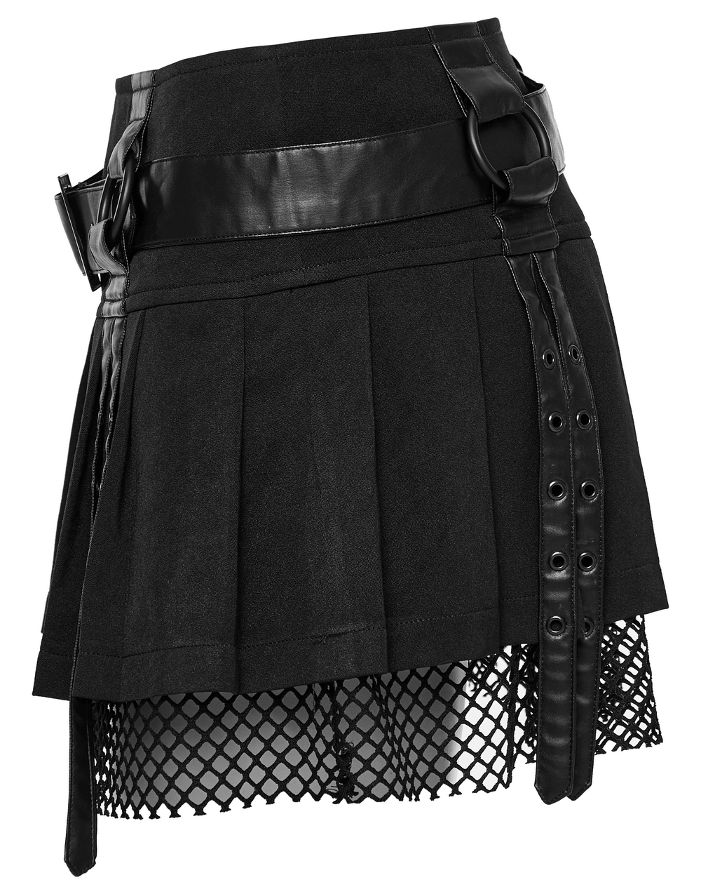 Sexy Gothic Black Pleated Mesh Mini Skirt with faux leather belt by Punk Rave, stylish and edgy for women.
