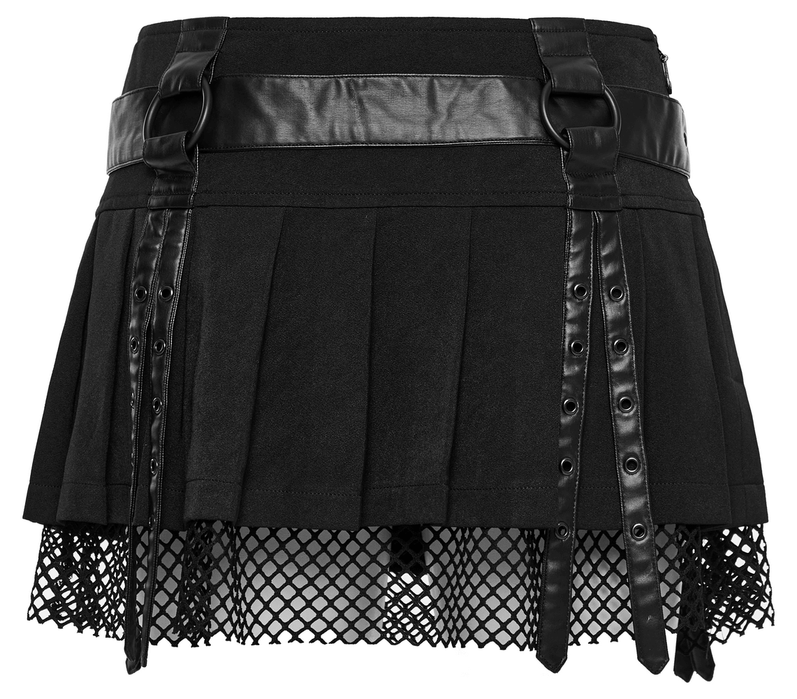 Sexy Gothic black pleated mini skirt with faux leather belt and mesh detail, perfect for edgy punk fashion.