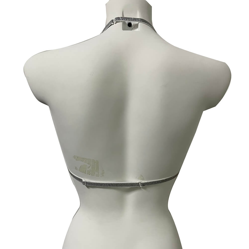 Back view of a sexy gothic body harness bra for women, showcasing elastic design and elegant style.