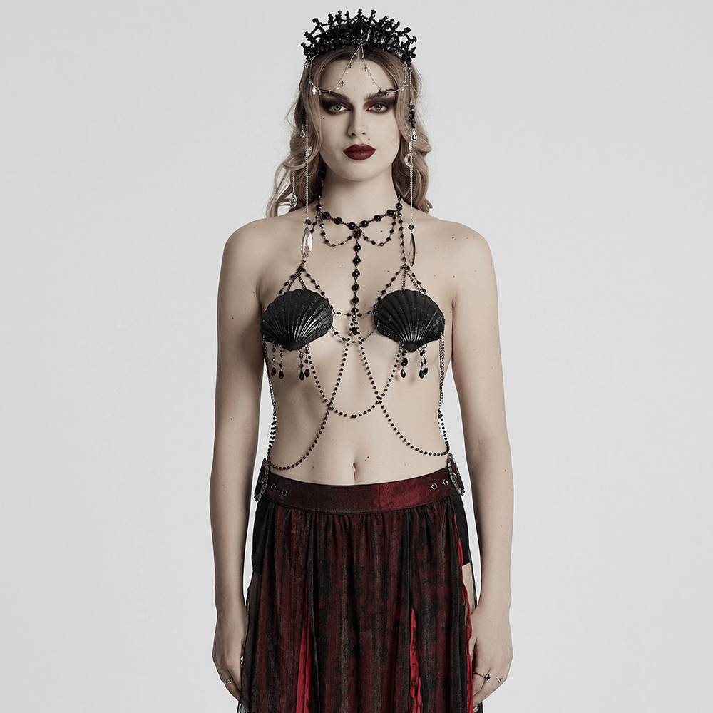 Sexy gothic dark shell chain bra with beads, showcasing a bold and elegant design for a mysterious look.