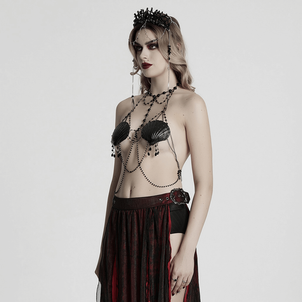 Elegant gothic dark shell chain bra with beads and chains, perfect for bold women embracing unique fashion.