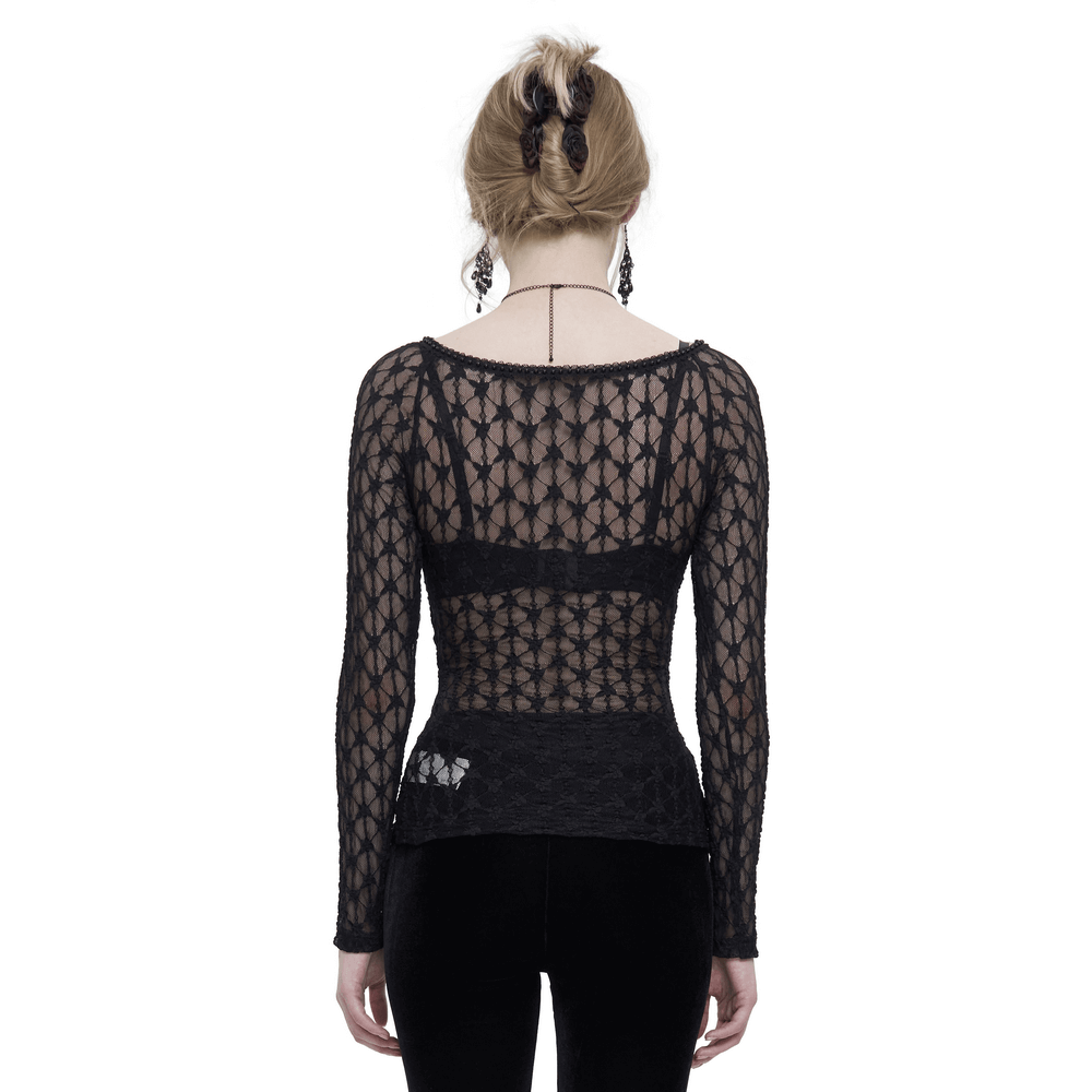 Sexy Gothic Lace Transparent Top with Red Grystals / Punk Black Long Sleeves Top for Women