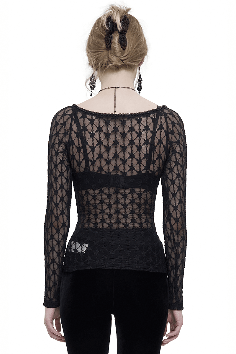 Back view of a sexy gothic lace transparent top with long sleeves, showing intricate patterns and a chic silhouette.