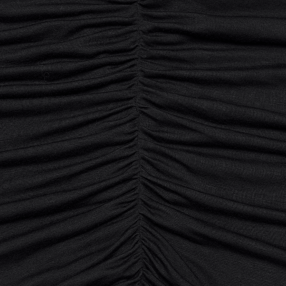 Alt Tag: Sexy Gothic Lace Up Ruched Bodycon Slip Dress black fabric close-up with side ruching detail for a snatched gothic silhouette