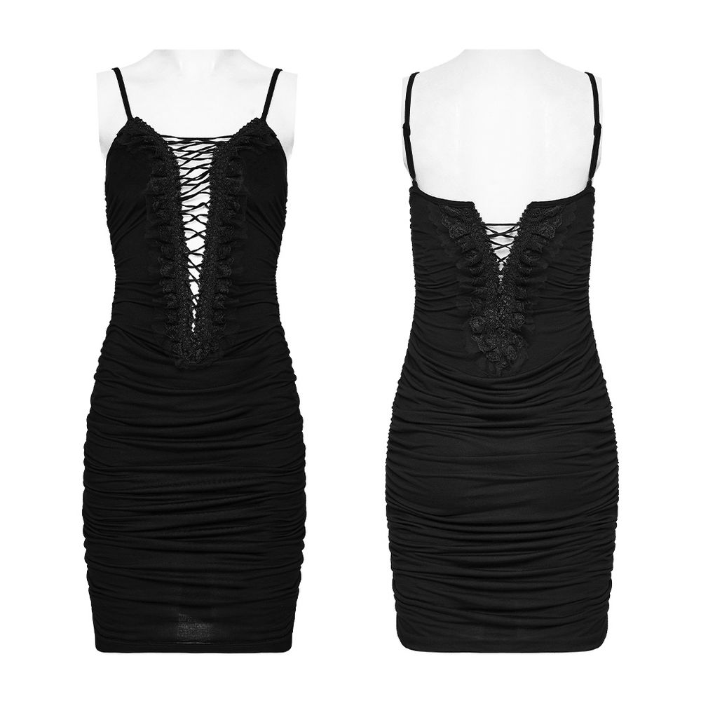 Alt Tag: Sexy Gothic Lace Up Ruched Bodycon Slip Dress black lace-up V-neck ruched mini bodycon slip dress front and back view
