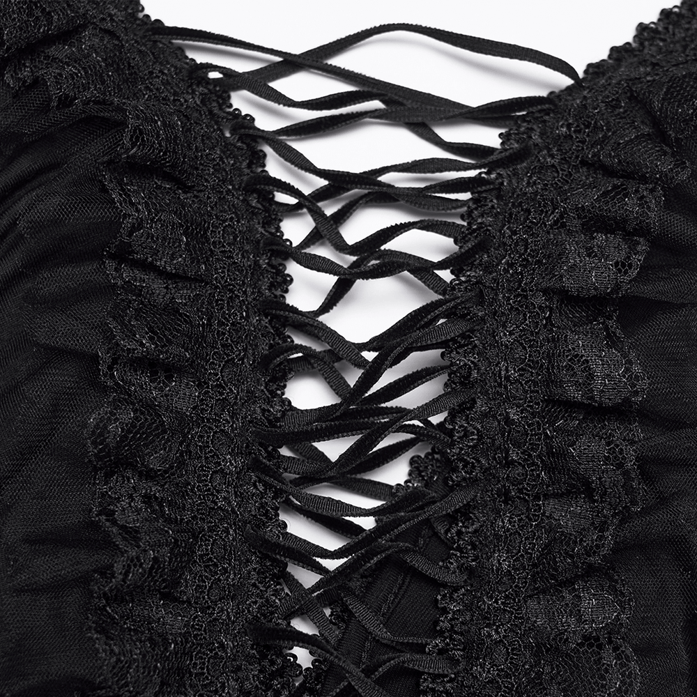 Alt Tag: Sexy Gothic Lace Up Ruched Bodycon Slip Dress close-up of black lace-up V-neck with lace trim and ruched mesh detail