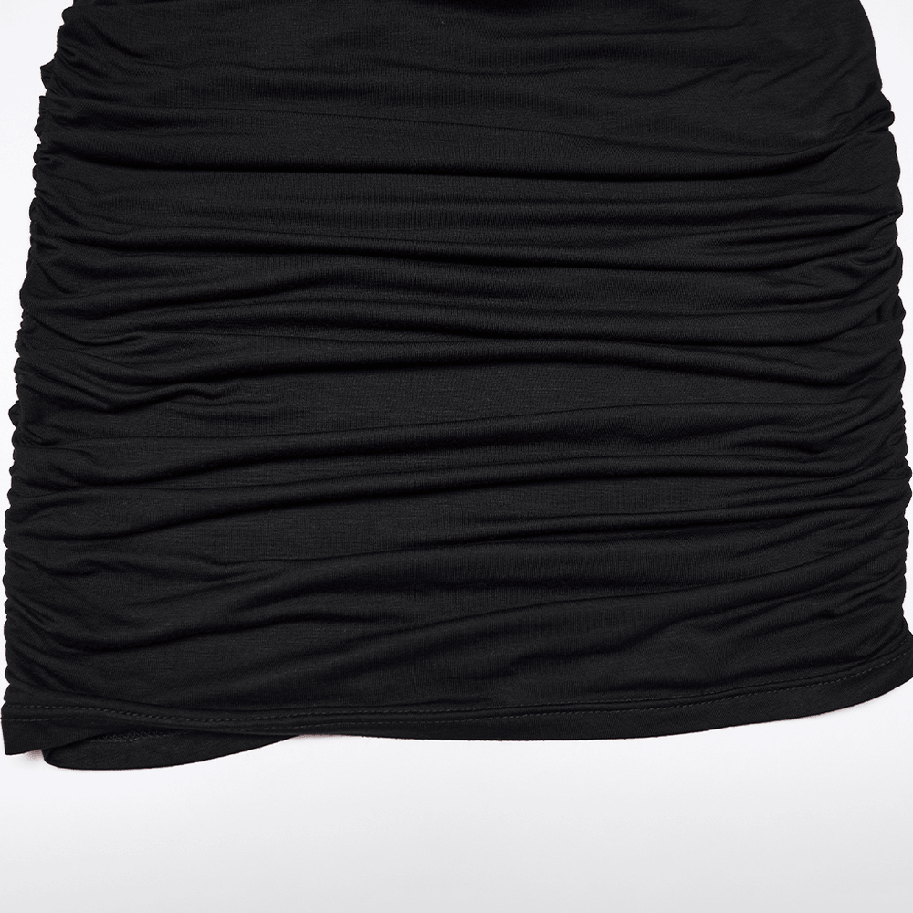 Alt Tag: Sexy Gothic Lace Up Ruched Bodycon Slip Dress black ruched skirt detail—sleek, stretchy mini bodycon fabric with moody goth vibe