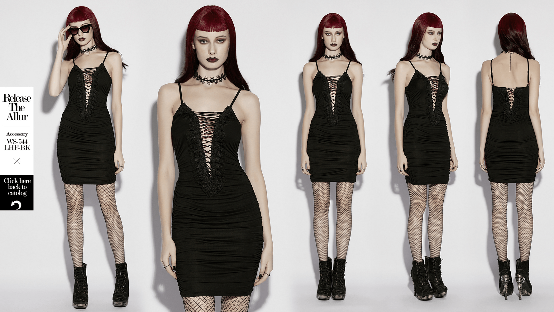 Alt Tag: Sexy Gothic Lace Up Ruched Bodycon Slip Dress in black, deep V lace-up neckline, ruched mini fit with slim straps—dark romance vibes
