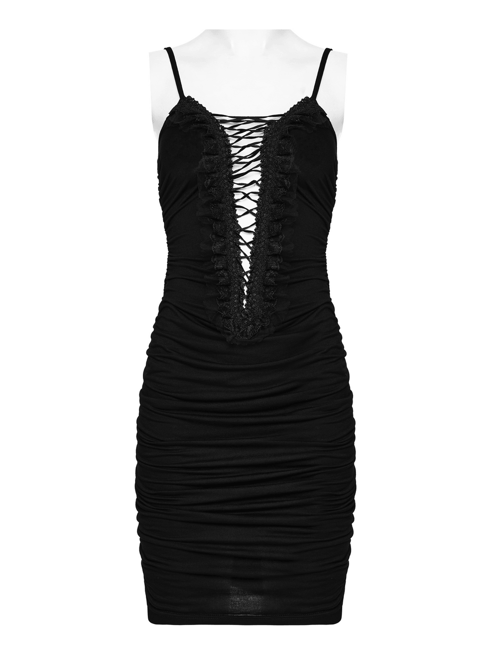 Alt Tag: Sexy Gothic Lace Up Ruched Bodycon Slip Dress black mini with lace-up V-neck, lace trim, side ruching, slim straps