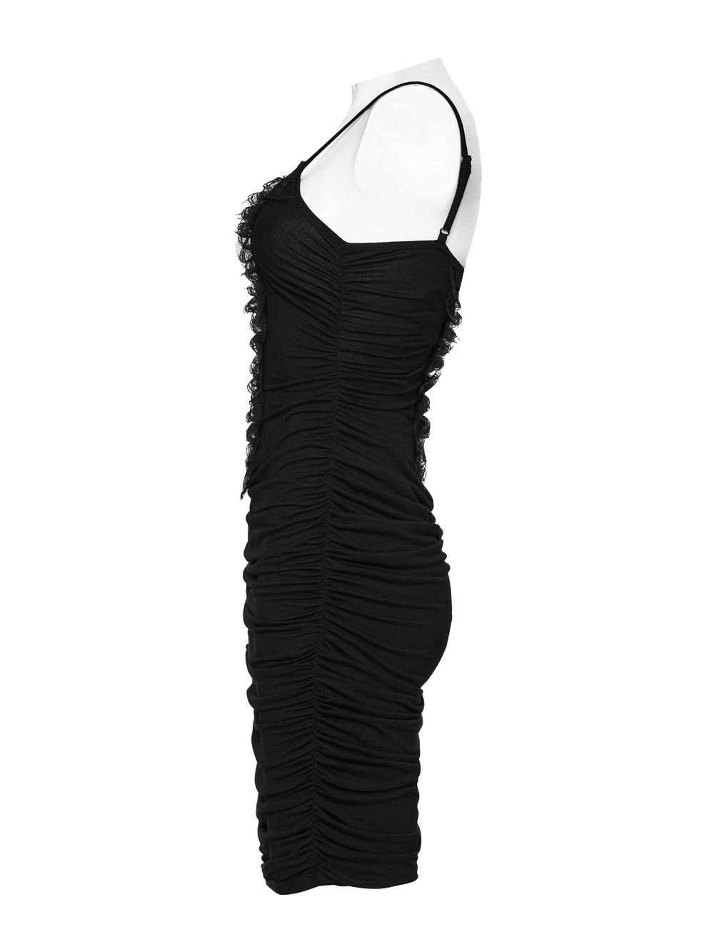 Alt Tag: Sexy Gothic Lace Up Ruched Bodycon Slip Dress black ruched mini with lace-trim V-neck, slim straps, bodycon fit