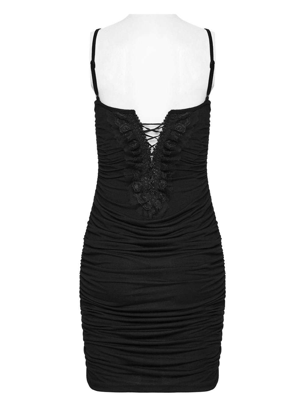 Alt Tag: Sexy Gothic Lace Up Ruched Bodycon Slip Dress back view, black ruched mini with lace-up V neckline, lace trim and slim straps